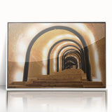 Mid-century modernist art depicting Malta scenery in muted colors on a white framed acrylic, suitable for nursery wall art.