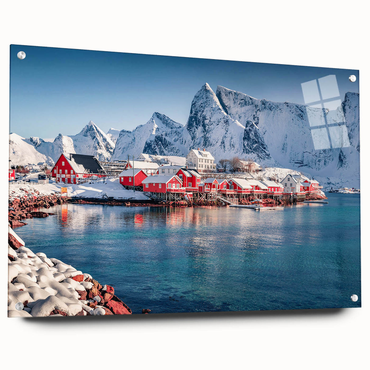 Acrylic glass print of a Norwegian landscape with vivid blue and green tones, ideal for dining room decor.