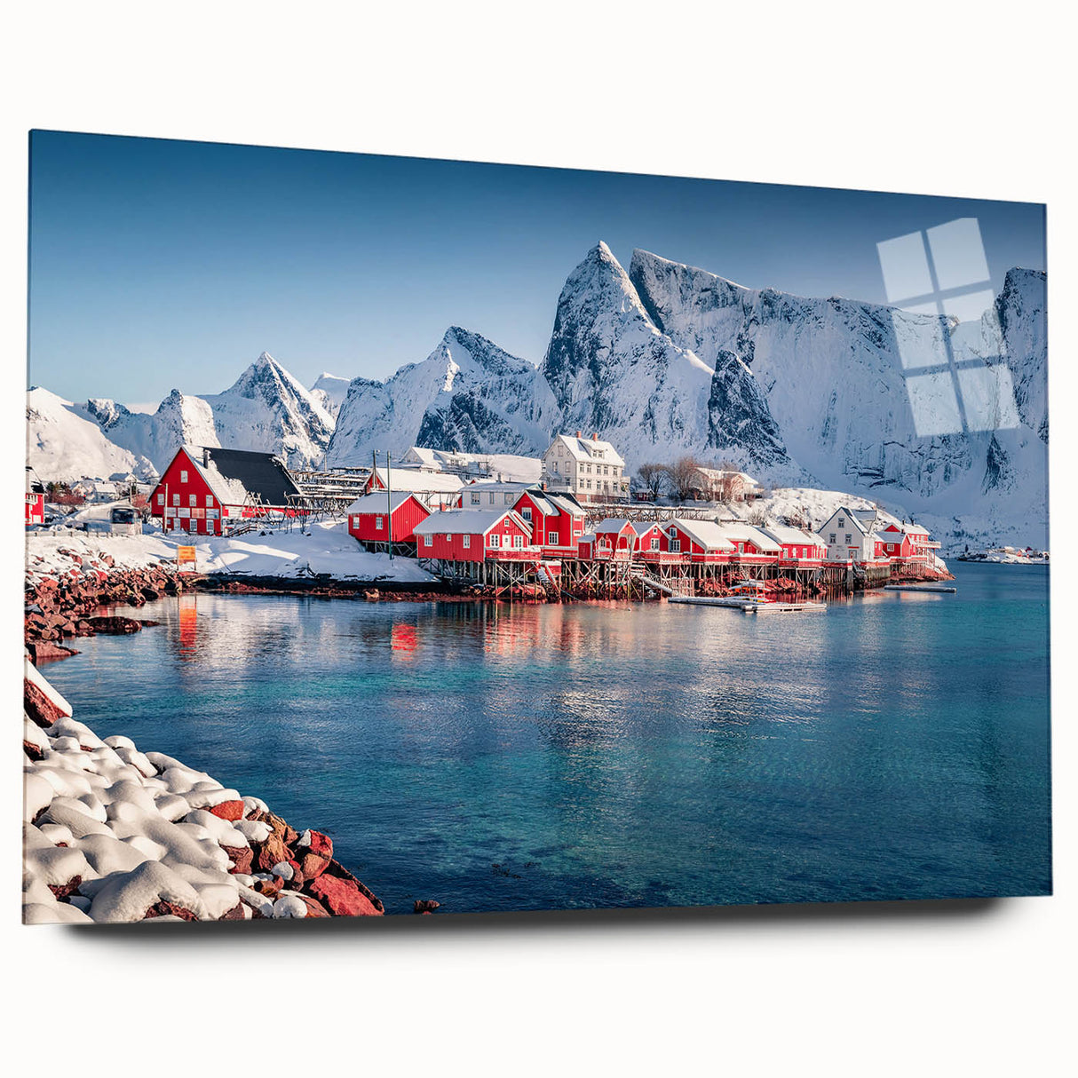 Large acrylic print of a serene Norwegian landscape in muted blue and green tones, ideal for bedroom or dining room art.