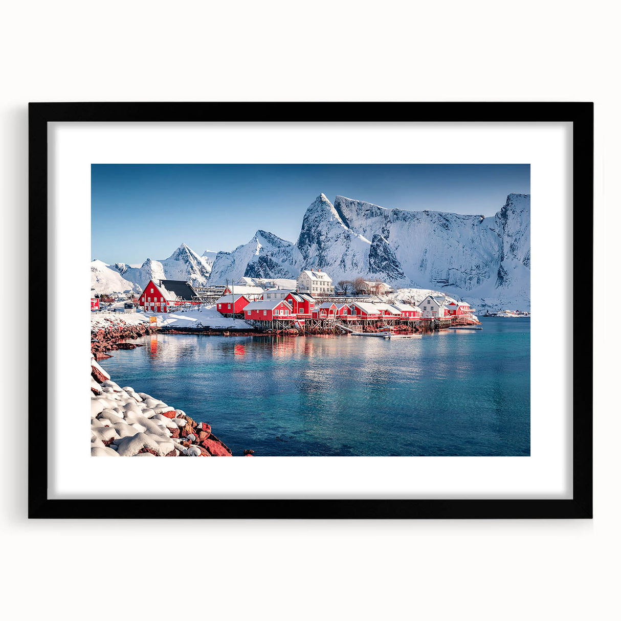 Extra large abstract art print of a colorful European scenery on textured canvas, framed in black.
