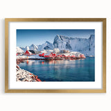 Abstract art print of a European Norway scenery in muted earth tones, framed with a gold mat, suitable for dining room decor.