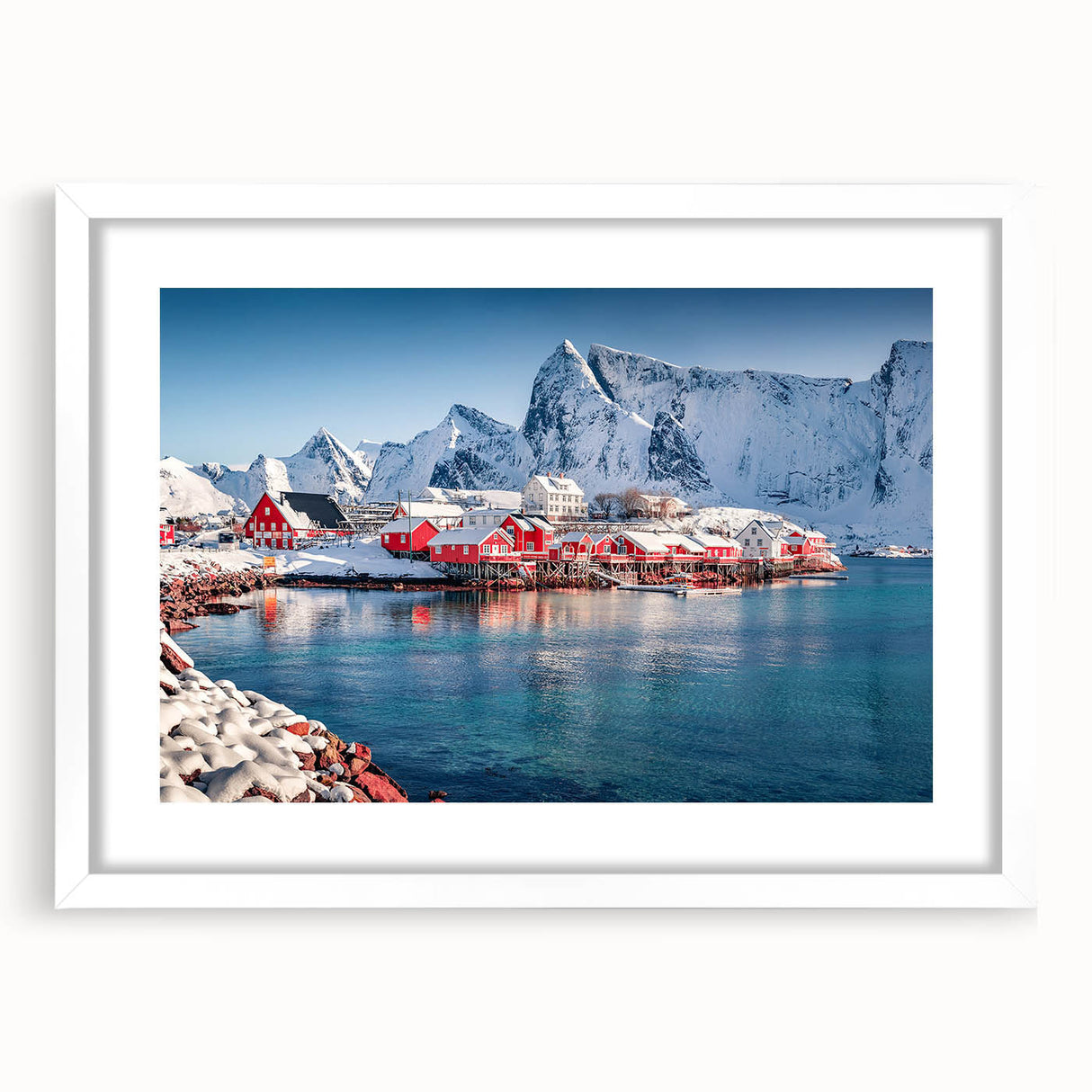 Textured abstract art print depicting a serene Norwegian landscape in muted earth tones on a framed white mat.