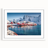 Textured abstract art print depicting a serene Norwegian landscape in muted earth tones on a framed white mat.
