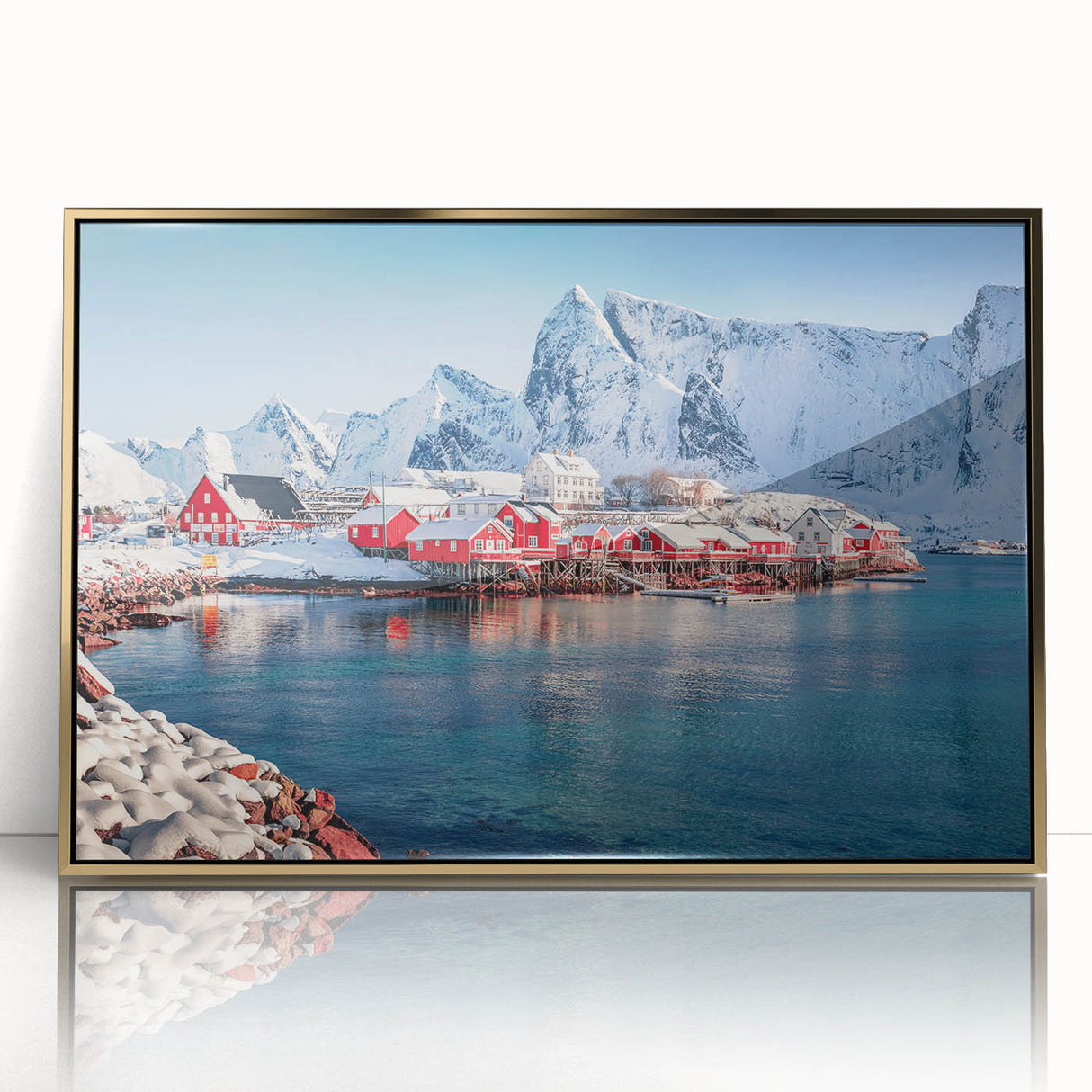 Framed acrylic print of a serene Norwegian landscape in muted green and blue tones, ideal for modern art wall decor.