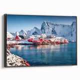 Black and white framed canvas featuring a vintage-style Norwegian landscape, ideal for bedroom wall decor.