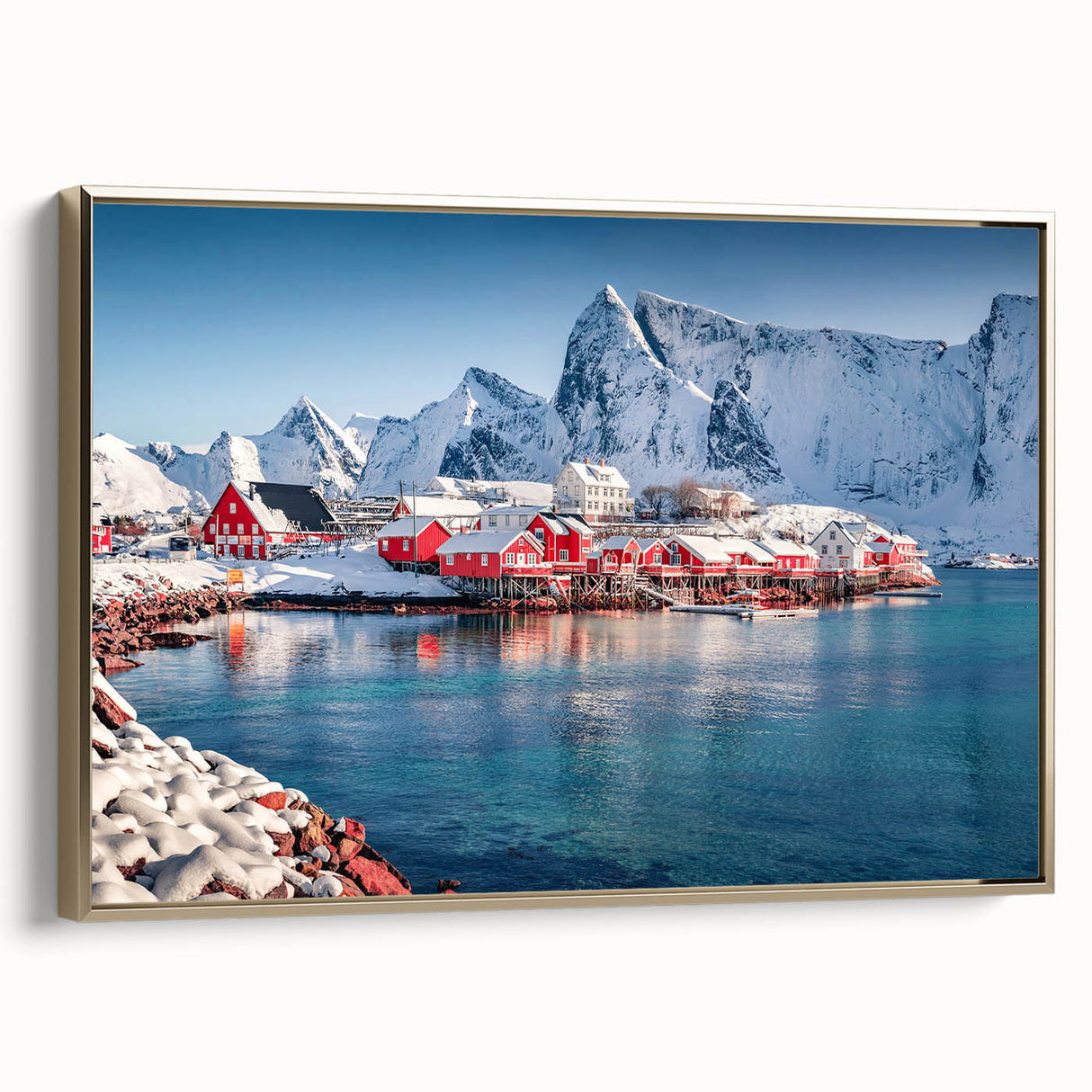 Framed canvas featuring a vintage-style landscape painting of a Norwegian scenery, ideal for bedroom wall art.