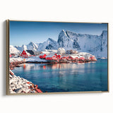 Framed canvas featuring a vintage-style landscape painting of a Norwegian scenery, ideal for bedroom wall art.