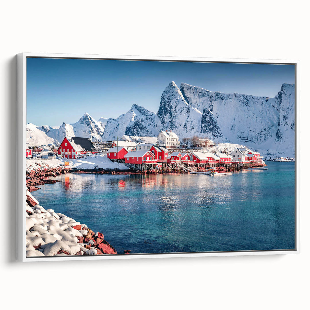 Vintage poster art of a European Norway scenery in vibrant colors on a framed canvas, ideal for living room decor.