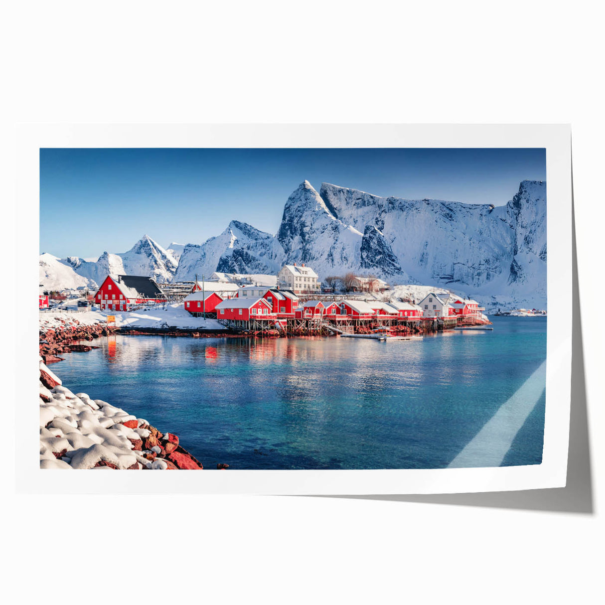 Extra large rolled print of a Norwegian landscape with vibrant greens and blues, ideal for art wall dining room.