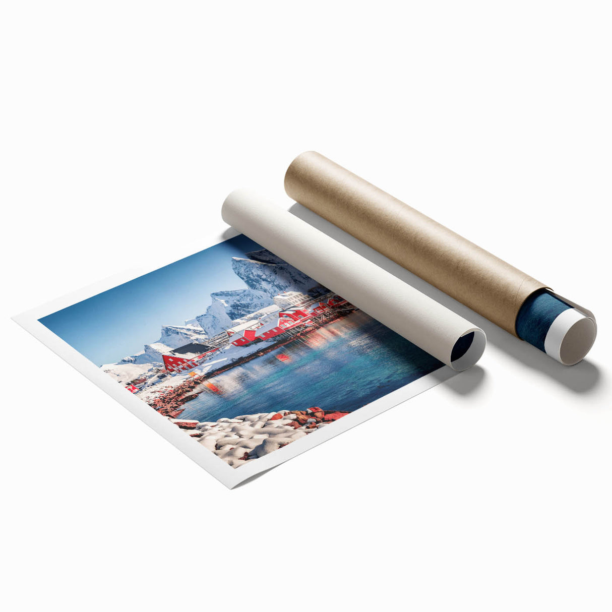 Extra large rolled print of a Norwegian landscape with vibrant green and blue tones, ideal for classy bathroom wall art.