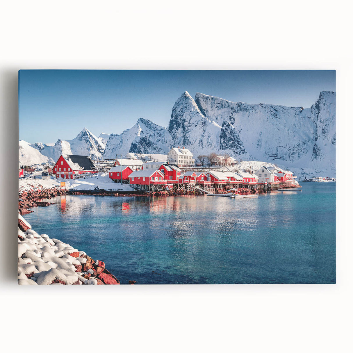 Black and white photo of a Norwegian landscape on stretched canvas, ideal for kitchen wall art or bedroom ambiance.