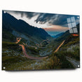 Acrylic print of a Romanian landscape, featuring muted green and earth tones, ideal for dining room decor.
