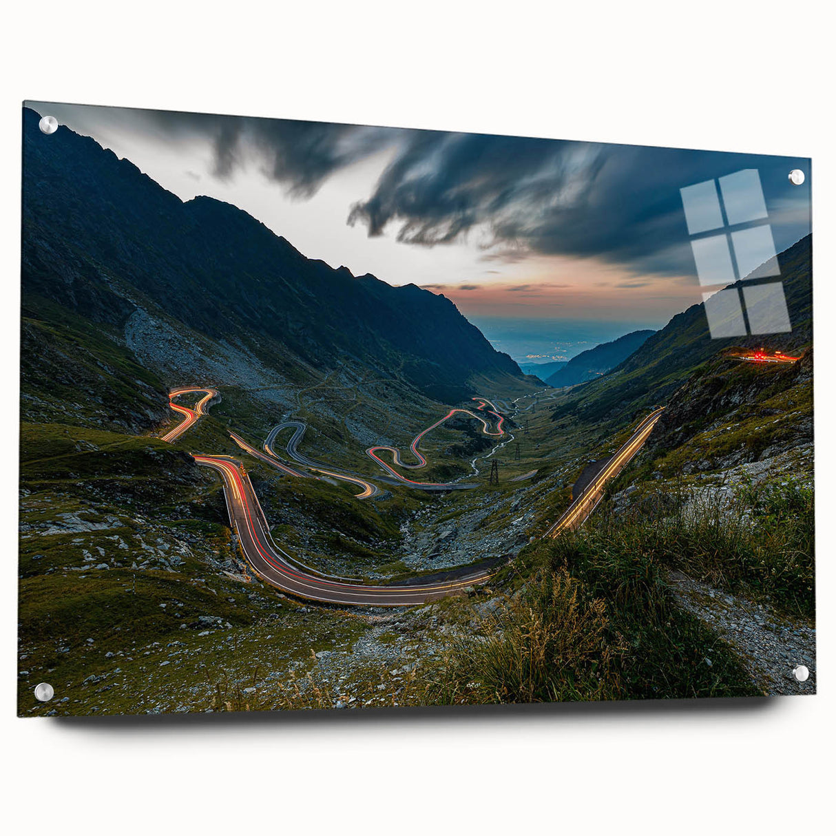 Acrylic print of a Romanian landscape, featuring muted green and earth tones, ideal for dining room decor.