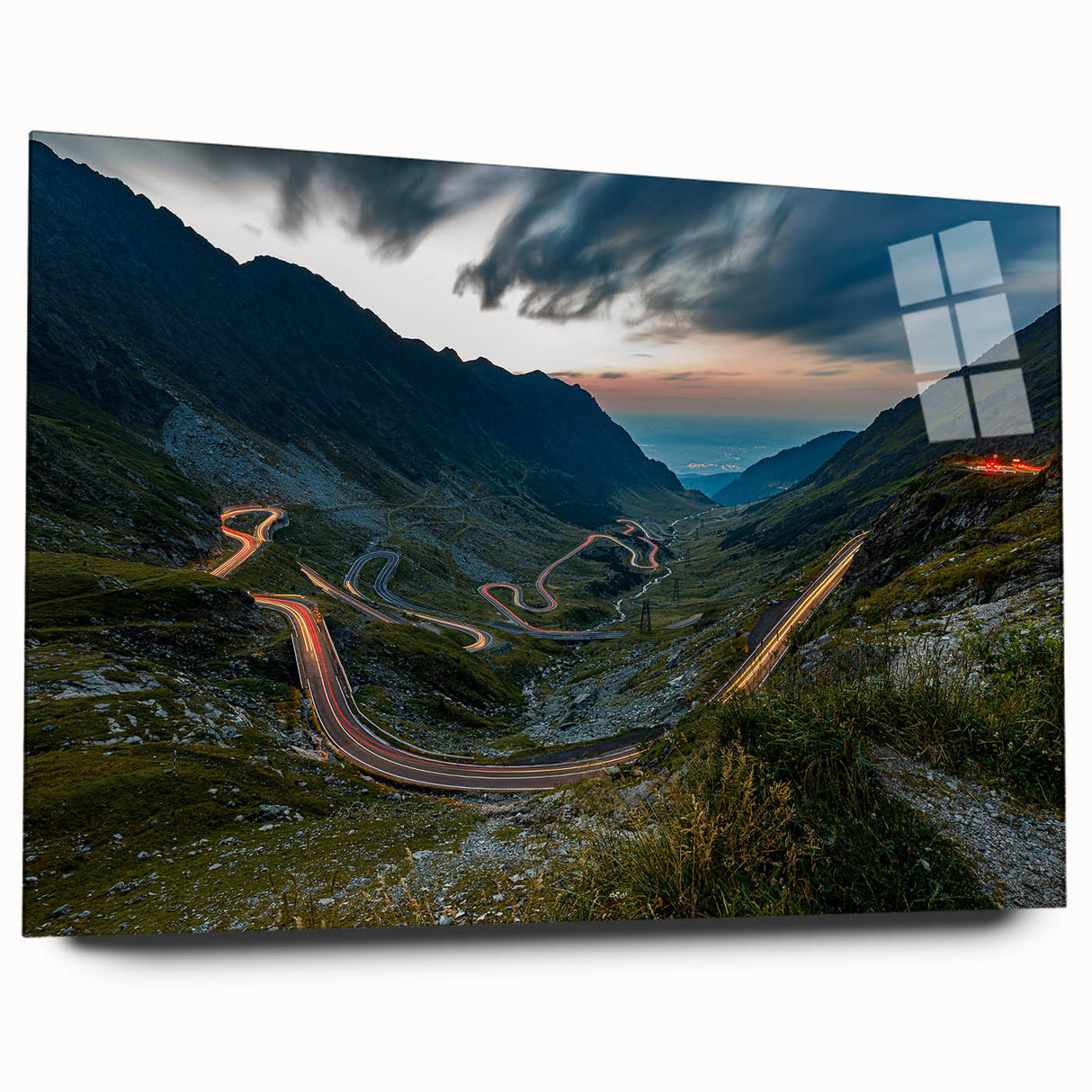 Large abstract wall art featuring a scenic European landscape in Romania, printed on acrylic glass.