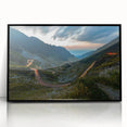 Large abstract wall art depicting a European Romanian scenery in muted earth tones, framed in black acrylic.