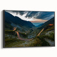 Black and white framed canvas featuring a vintage-style Romanian landscape, ideal for bedroom wall decor.