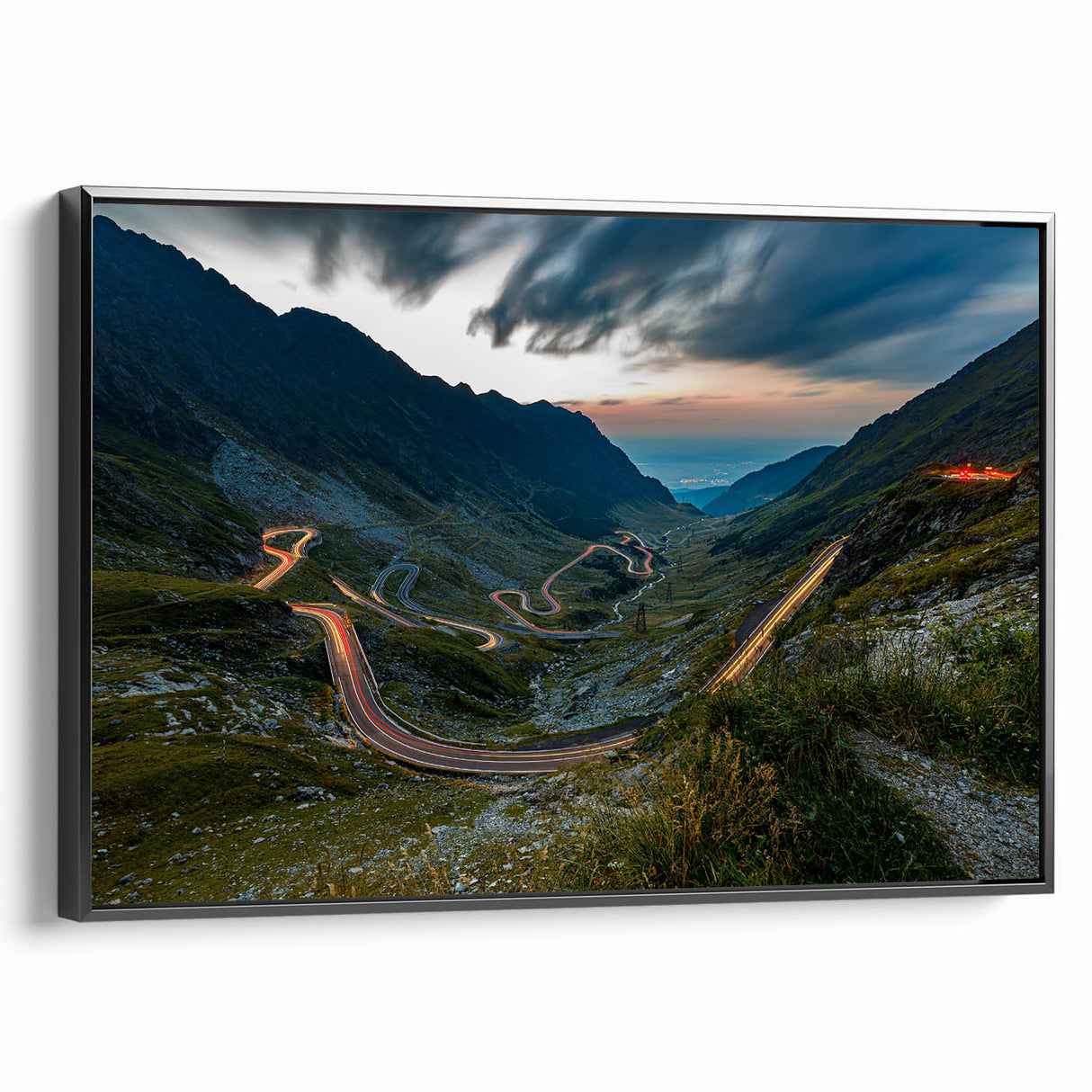 Black and white framed canvas featuring a vintage-style Romanian landscape, ideal for bedroom wall decor.