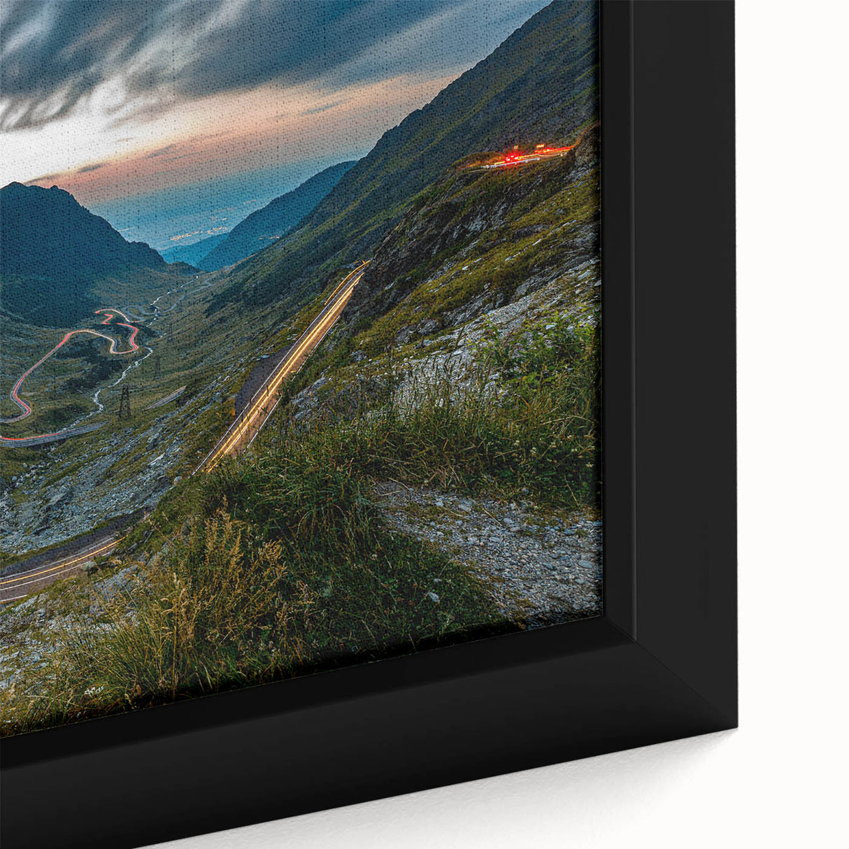 Extra large framed canvas depicting a textured Romanian landscape in vibrant colors on a black background.