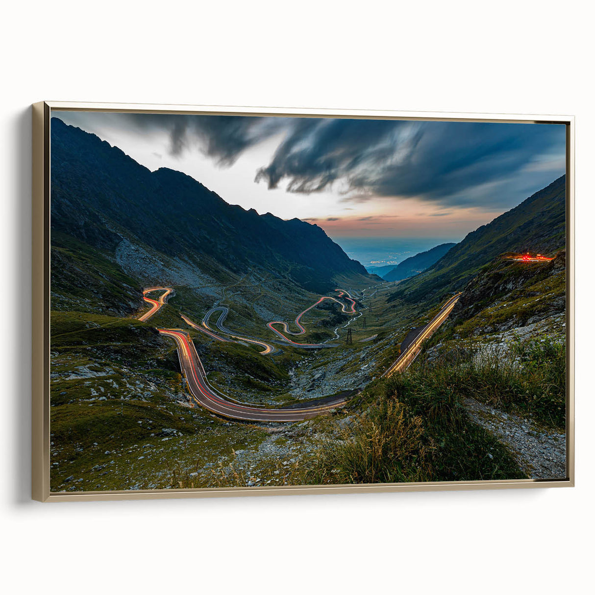 Framed canvas featuring a vintage-style landscape painting of a Romanian scenery in muted earth tones.