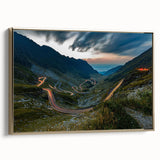 Framed canvas featuring a vintage-style landscape painting of a Romanian scenery in muted earth tones.