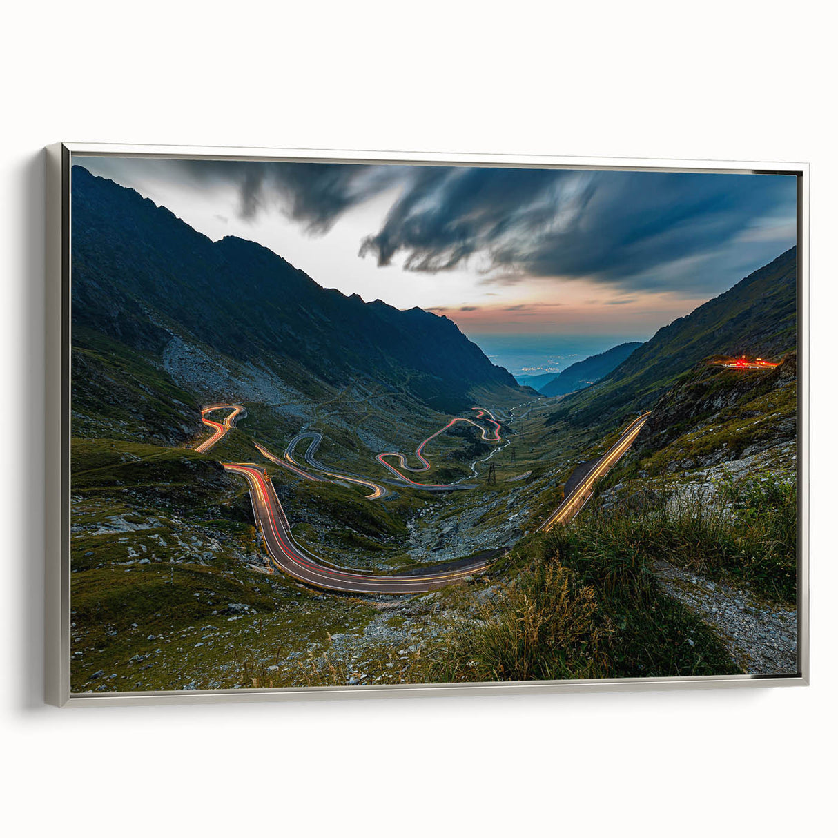 Framed canvas featuring a vintage-style landscape art painting of a Romanian scenic countryside in muted earth tones.
