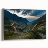 Framed canvas featuring a vintage-style landscape art painting of a Romanian scenic countryside in muted earth tones.