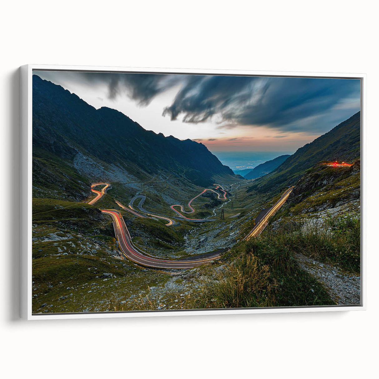 Vintage poster art of a scenic Romanian landscape on a framed canvas, with vibrant colors, ideal for living room decor.