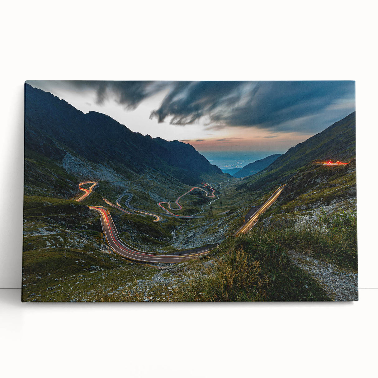 Large black and white photograph of a European street scene on stretched canvas, suitable as kitchen wall art.