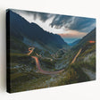 Large stretched canvas depicting a Romanian landscape in vibrant greens and blues, suitable for kitchen wall art.