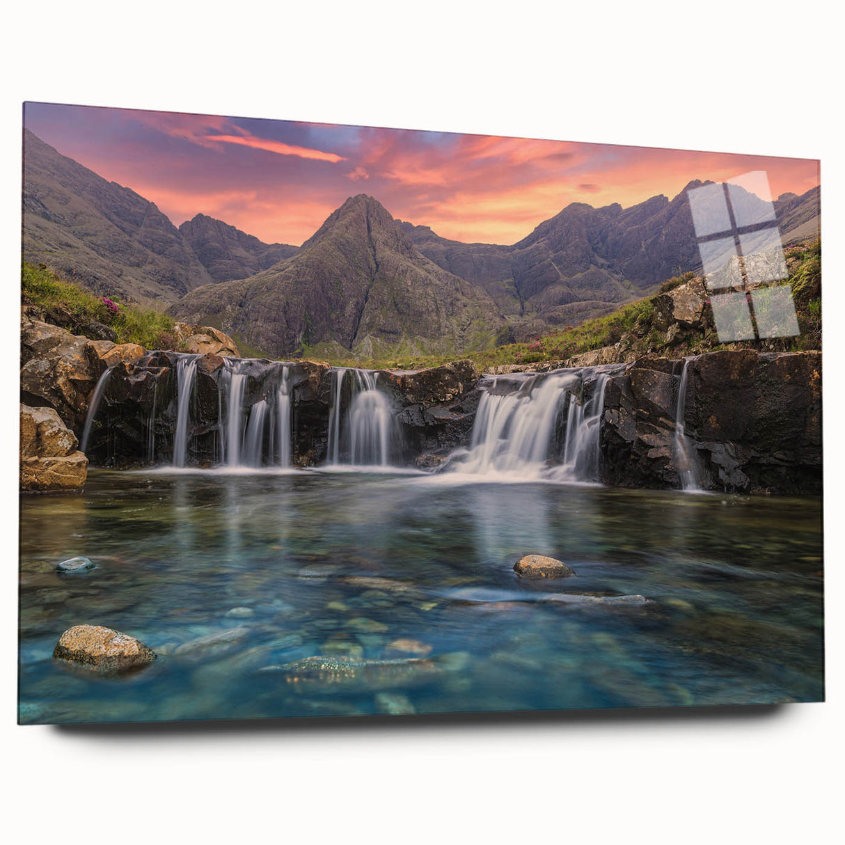 Large abstract wall art featuring a serene Scottish landscape in muted earth tones on acrylic glass.