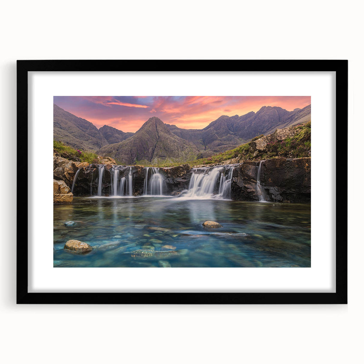 Abstract art print of a textured, colorful Scottish landscape on a large framed canvas, ideal for living room decor.
