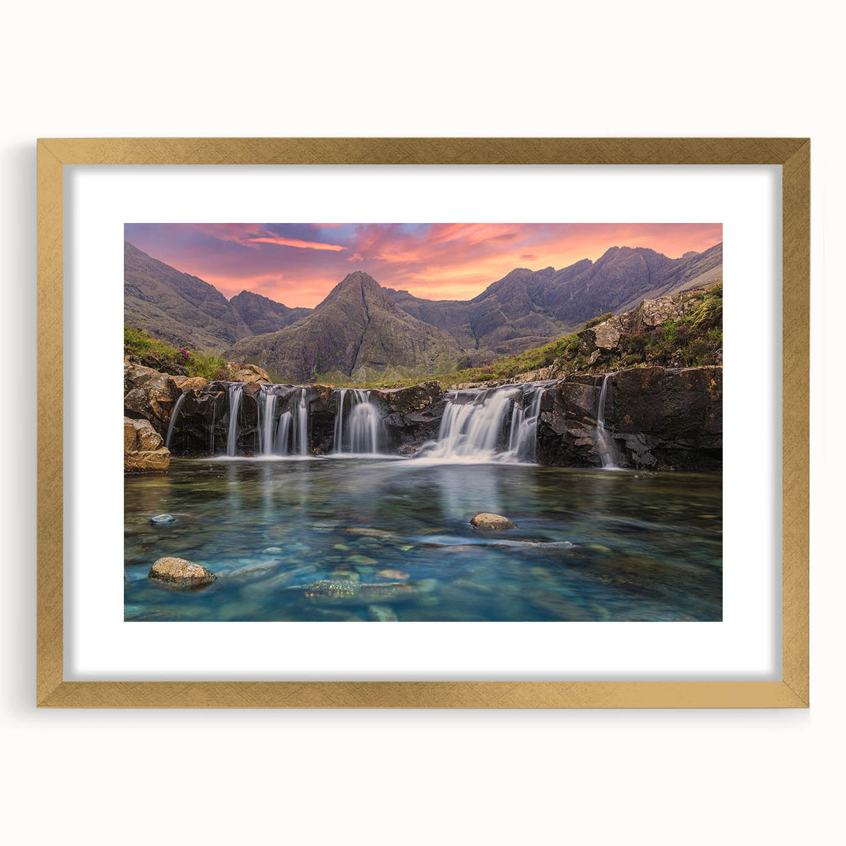 Abstract art print of a European Scotland landscape in muted green and blue tones, framed in gold.