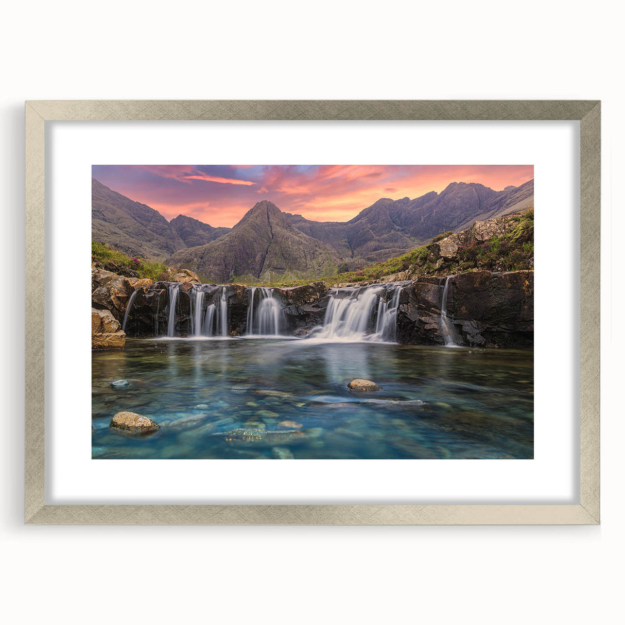 Extra large abstract art print of a textured Scottish landscape in muted earth tones, framed in silver.