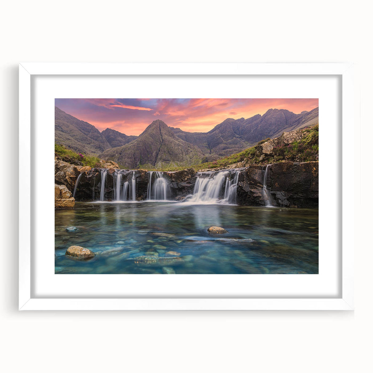 Textured art print of a Scottish landscape in muted green and blue tones, framed with a white mat, ideal for bedroom decor.