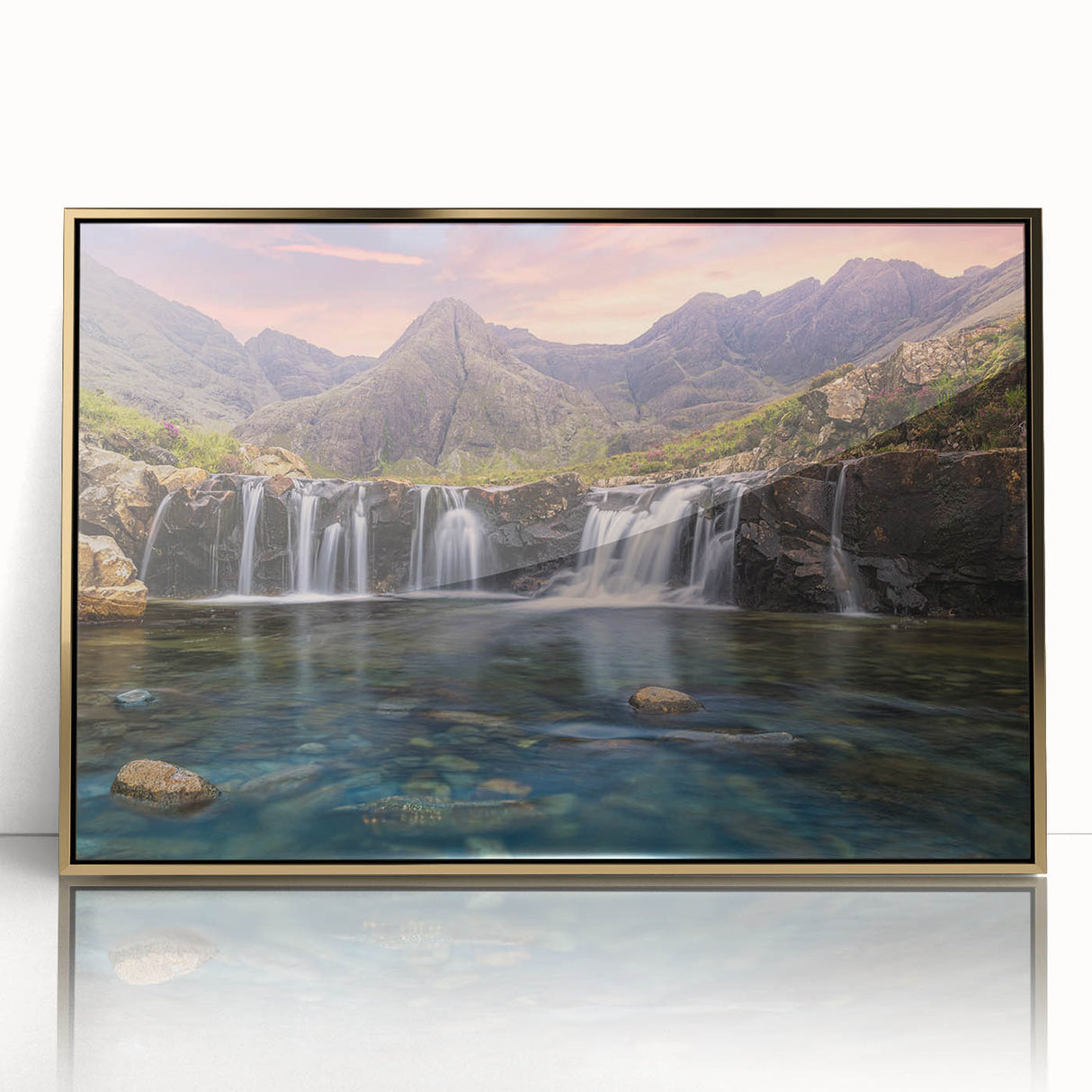 Framed acrylic print of a Scottish landscape in muted earth tones, ideal for modern art wall decor.