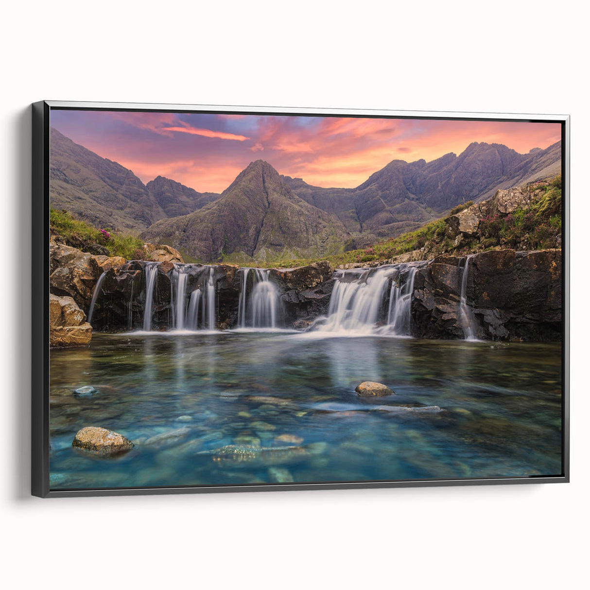 Black and white framed canvas of a Scottish landscape, ideal for bedroom wall art.