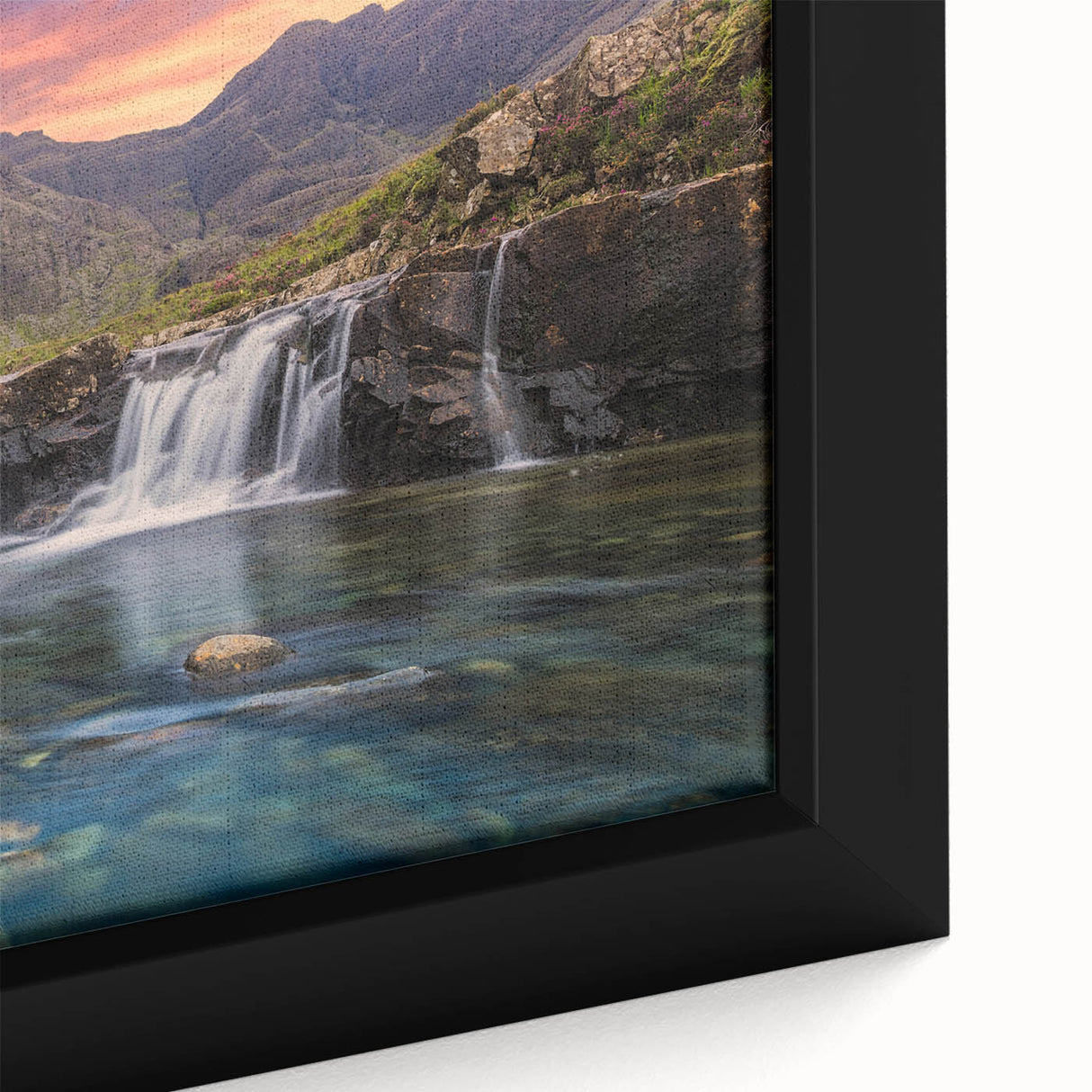 Extra large framed canvas depicting a textured, colorful Scottish landscape in muted earth tones.