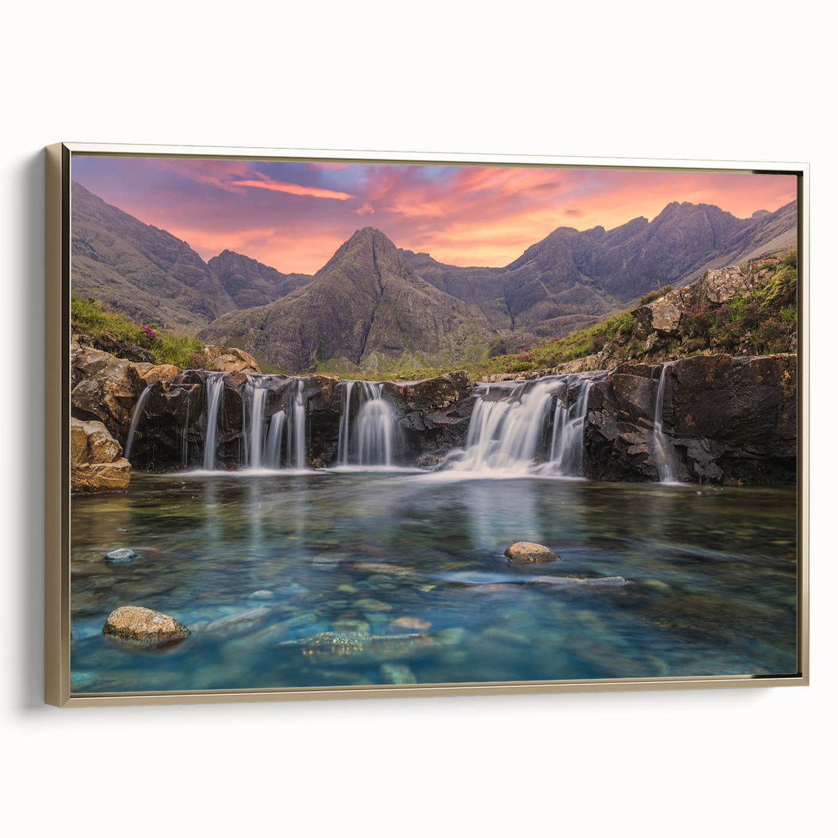 Framed canvas of a vintage-style Scottish landscape in black and gold tones, suitable for bedroom decor.