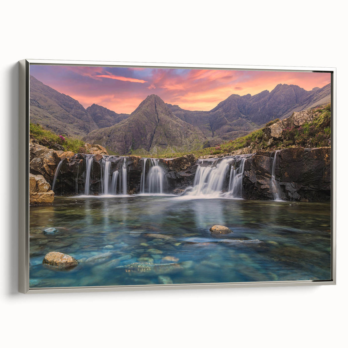 Landscape art painting of a Scottish scenery on framed canvas, featuring muted earth tones, ideal for living room décor.