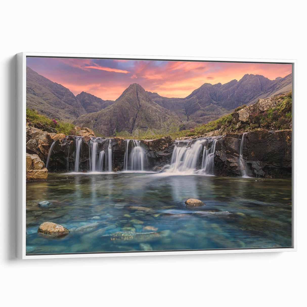 Vintage poster art of a Scottish landscape on a framed canvas, featuring a mix of vibrant and muted colors.