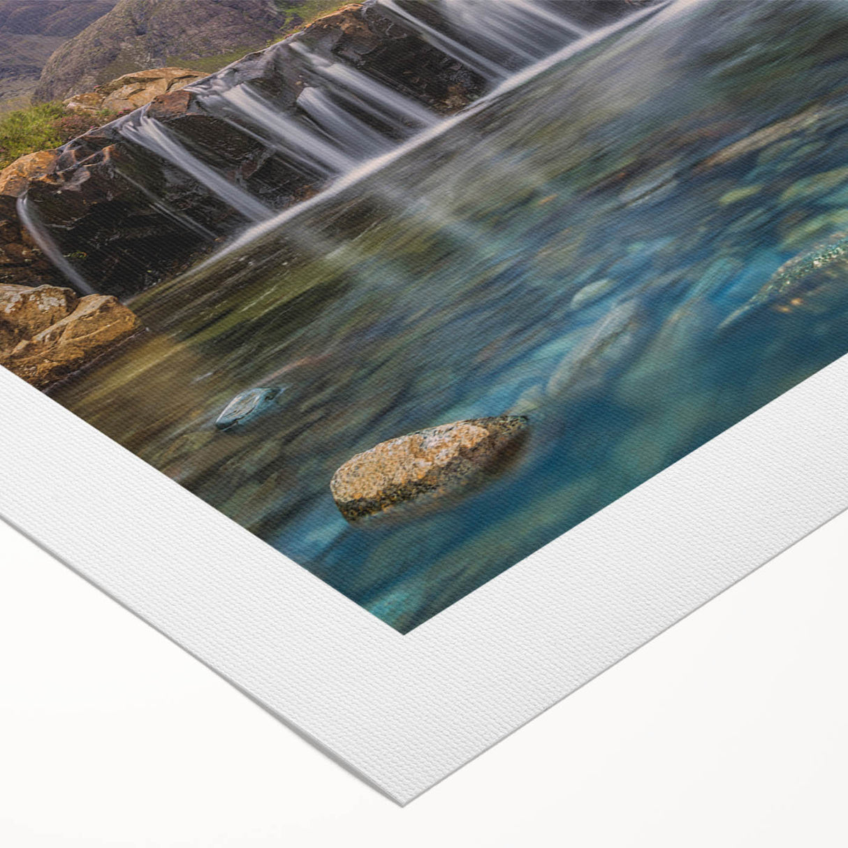 Art deco poster of a serene Scottish landscape in muted green and blue tones on rolled canvas.