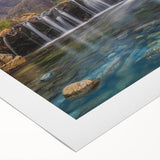 Art deco poster of a serene Scottish landscape in muted green and blue tones on rolled canvas.