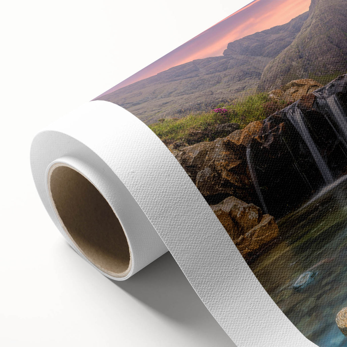 Art Deco poster of a Scottish landscape in muted earth tones on rolled canvas, ideal for nursery wall art.