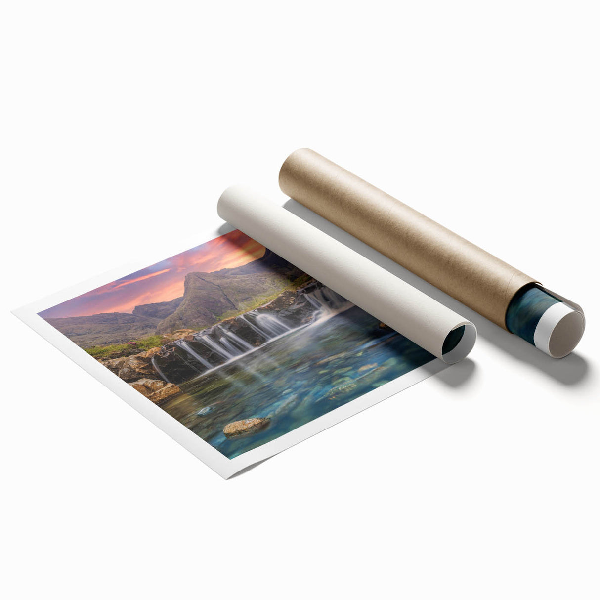 Extra large rolled print of a Scottish landscape with muted green and blue tones, ideal for classy bathroom wall art.