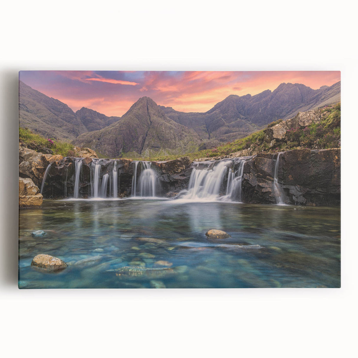 Black and white photograph of a misty Scottish landscape on stretched canvas.