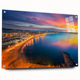 Acrylic print of a large abstract depiction of Barcelona, featuring vivid blue and orange tones.