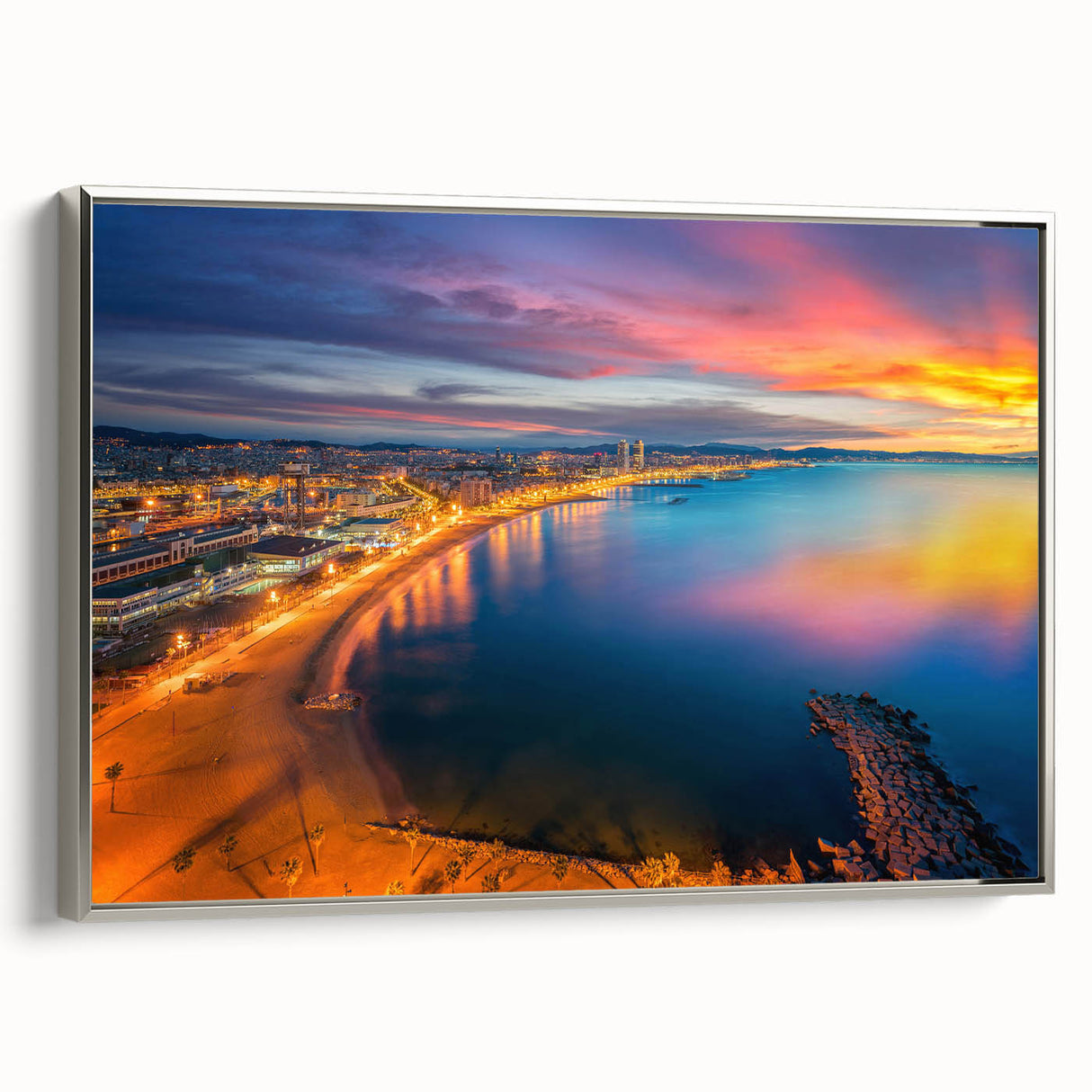 Landscape art painting of Barcelona with colorful vintage poster art style on a framed canvas, ideal for living room decor.
