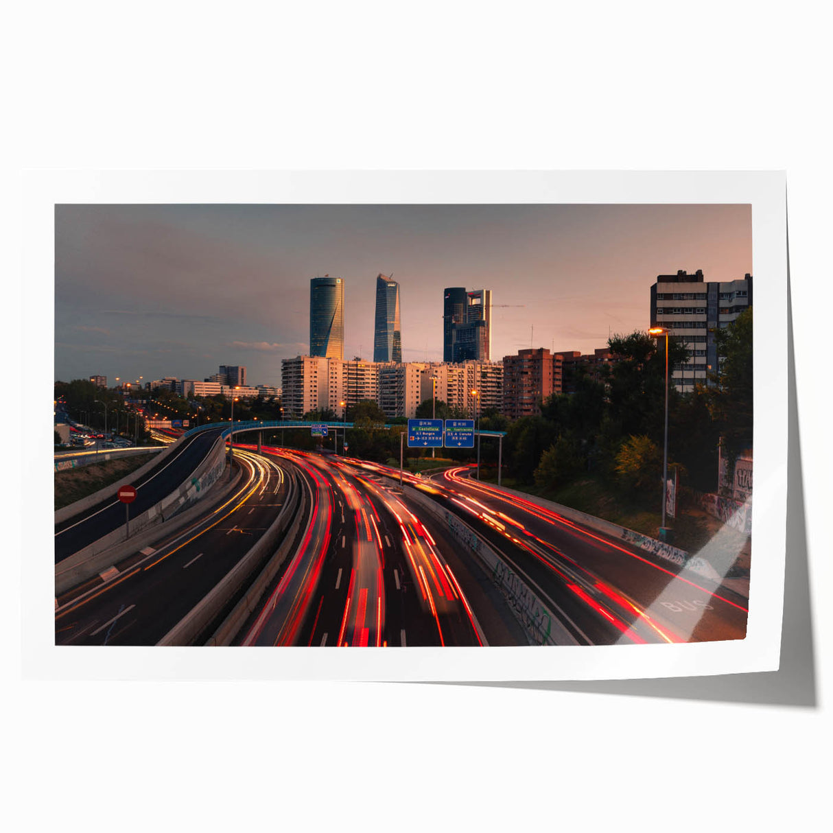Rolled print of Madrid scenery with floral elements in muted earth tones, suitable as art wall dining room.