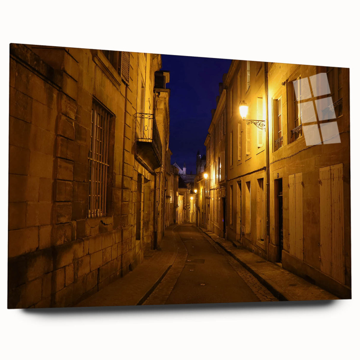 Large abstract wall art of Stockholm scenery in muted blue and gray tones on acrylic glass.