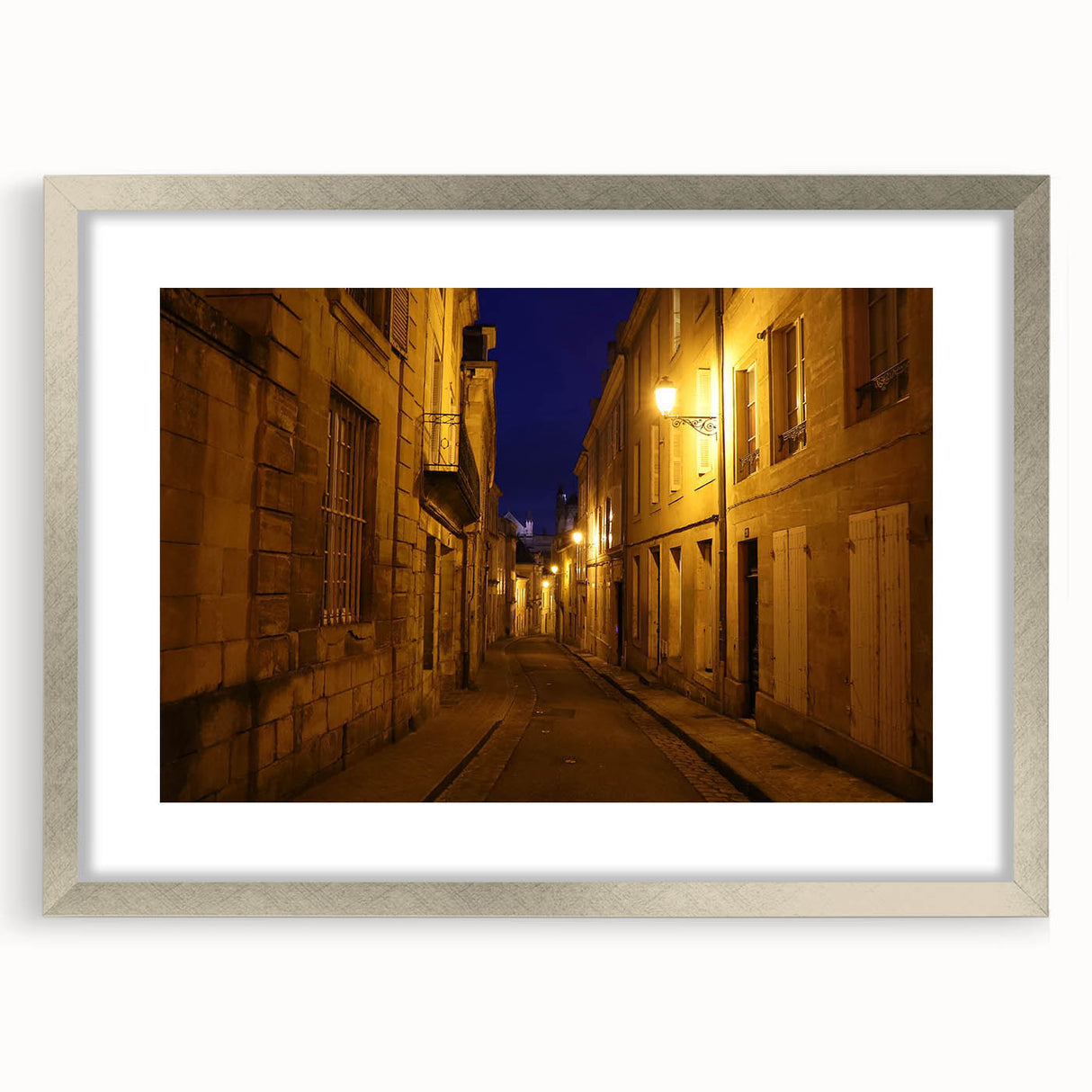 Textured abstract art print depicting Stockholm scenery in muted earth tones on a framed silver mat.